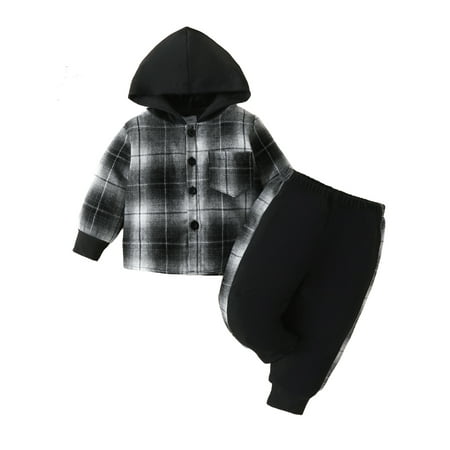 

Suealasg Kids Boys Fall Causal Outfits Clothes 6M 1T 2T 3T Baby Boys Long Sleeve Plaid Print Button Hoodie Shirt and Elastic Pants 2PCS Winter Clothing for Toddler Boys