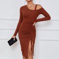 thumbnail image 5 of SWSMCLT Women's Long Sleeve High Split Bodycon Dress Sexy Drawstring Ruched Cold Shoulder Mini Dresses Brown Large, 5 of 5