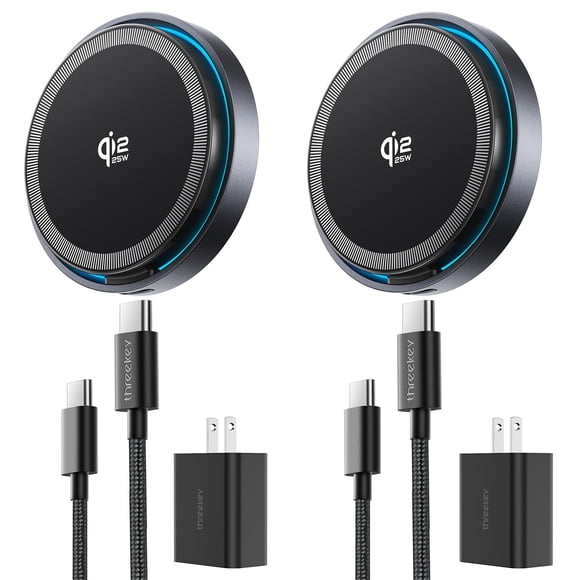THREEKEY for MagSafe Charger, 2 Pack Qi2 25W Fast Charging Pad with Cooling Fan, Magnetic Wireless Charger with 6.6ft Cable for iPhone 17/16/15 Serie