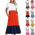 thumbnail image 6 of Colorblock Tiered Short Sleeve Dress Summer Trendy Dress for Women 2025 Round Neck Casual Loose Fit Midi Dress with Pocket Black,S, 6 of 6