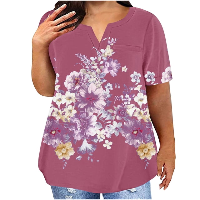 Fiudx Liquidación de Ofertas Flash Blusas de Talla Grande para Mujer, Blusa con Cuello En V, Blusa Informal Holgada de Manga Corta de Verano