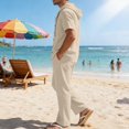 thumbnail image 4 of Awwp Men Set Summer Matching Set for Men Holiday Shor Sleeve Shirts 2 Piece Sets Trendy Long Pants Button Button With Hooded Khaki L, 4 of 7