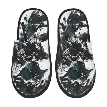 Balery Abstract Eagle Ink Slient Indoor Furry Fleece Comfort House Shoes Soft Non-Slip Home Shoes Cotton slippers House Slippers-- Large