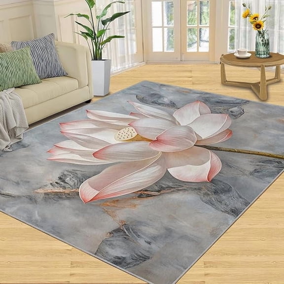 Lotus Area Rug, Pink Floral Bedroom Rug, Oriental Rugs for Living Room, Indoor Carpet, Low-Pile & Non Slip, Washable Rugs & Home Decor 5 x 6ft