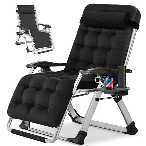 MOPHOTO Black Zero Gravity Chair, Lawn Recliner, Reclining Patio Lounger Chair, Folding Portable Chaise with Detachable Soft Cushion, Cup Holder, Headrest