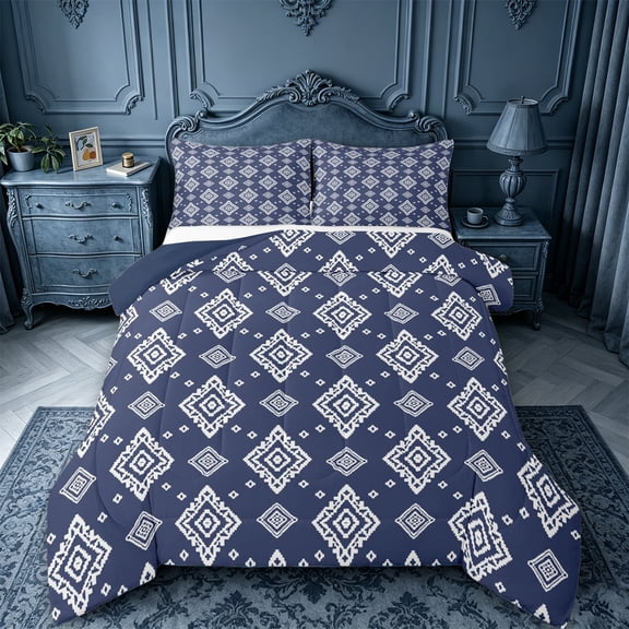 jejeloiu Aztec Geometric Queen Comforter Set For Men Women,Boho Diamond Comforter Sets Queen,Navy White,Navy Blue Reversible,3-Piece,1 Comforter and 2 Pillowcases