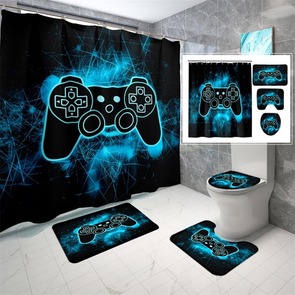 Brythos Game Shower Curtain Set 70x70 inches, Blue Gaming Bathroom Set with Rugs for Boys Kids