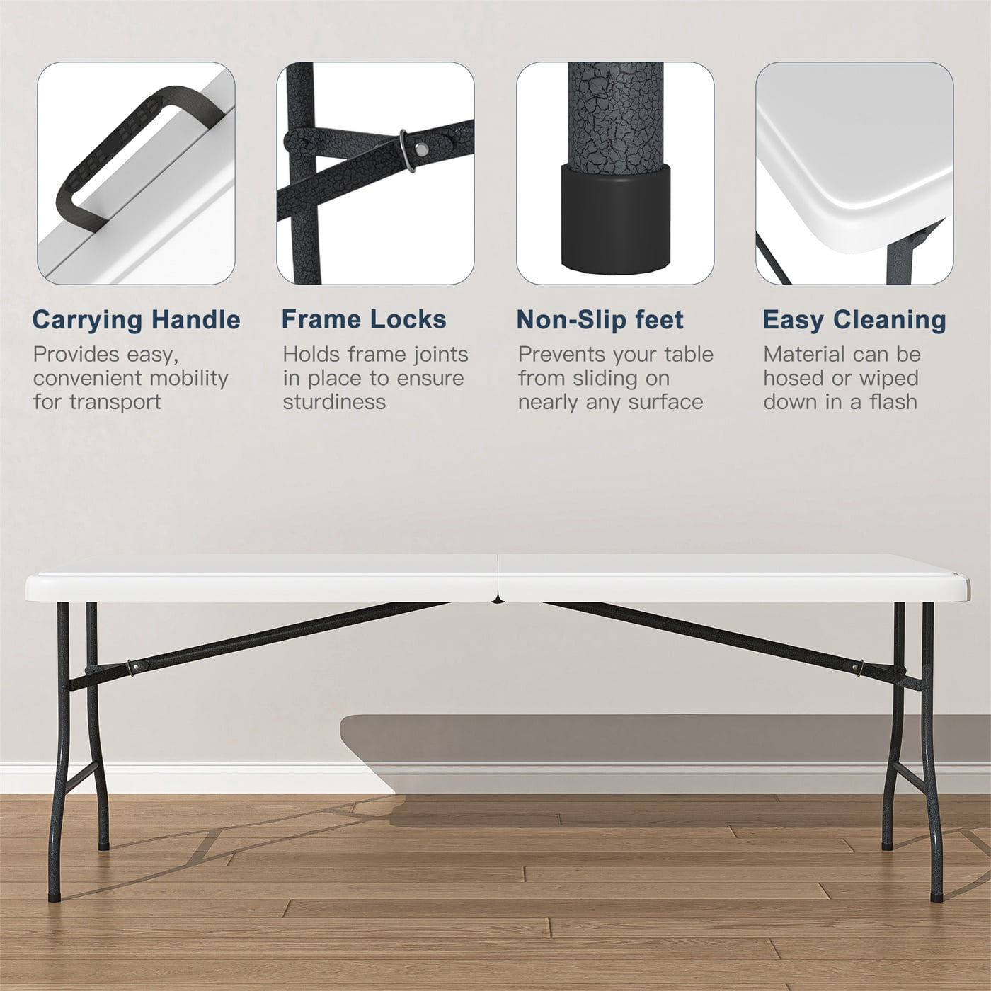 Hommoo 6ft Plastic Dining Picnic Table, Portable Fold-in-Half Table Folding Table for Home Office Party Picnic, with Lock, White