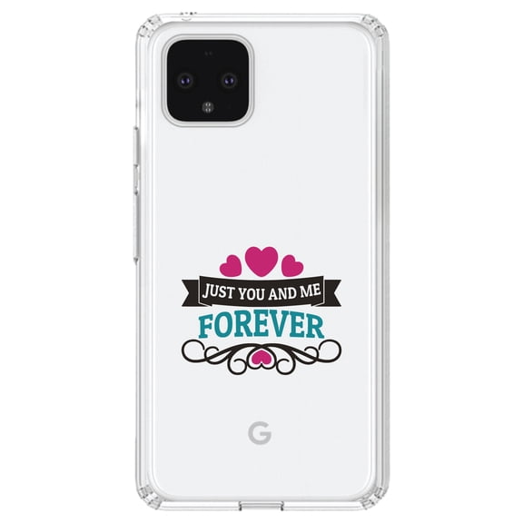DistinctInk Clear Shockproof Hybrid Case for Google Pixel 4 XL (6.3" Screen) - TPU Bumper Acrylic Back Tempered Glass Screen Protector - Just You And Me Forever