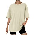thumbnail image 4 of Blmnix Casual Women T Shirt Oversized Raglan Cotton T Shirt Beige Elbow-Length Crew Neck Womens Summer Shirts Under $5,S, 4 of 5