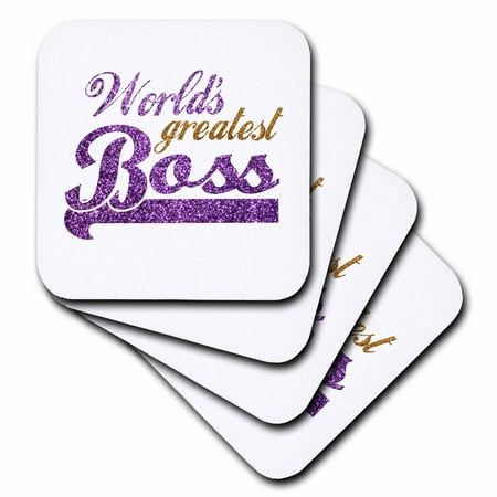 3dRose Worlds Greatest Boss - Best work boss ever - purple and gold text - faux sparkles matte glitter-look, Soft Coasters, set of (Best Party In The World Ever)
