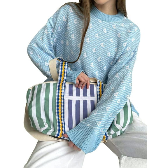 Womens Long Sleeve Sweater Autumn Oversized Cropped Sweaters Casual Sailboat Print Crewneck Knit Tops Sky Blue S