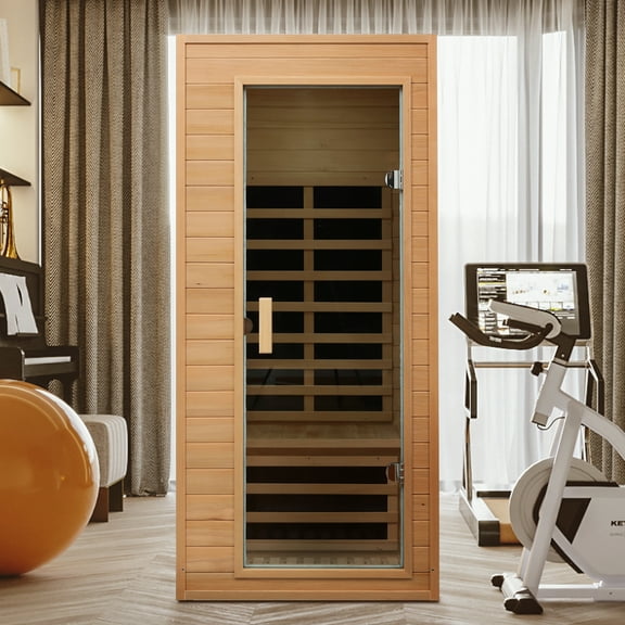 1290W Hemlock 1 Person Sauna Indoor Spa Room ,  FAR infrared Sauna with Touch Intelligent Panel, Bluetooth LED reading light,Temperature protection for Home Gym