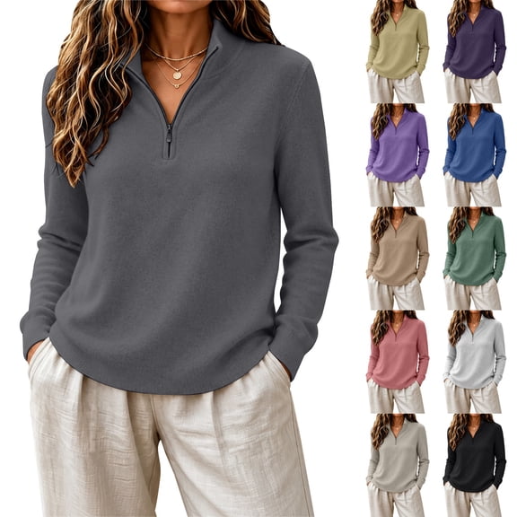 Goodw7 Womens Quarter Zip Sweatshirt, Collared Half Zip Long Sleeve Top, Fleece Lined Pullover with Zip Collar for Outdoor and Casual Wear