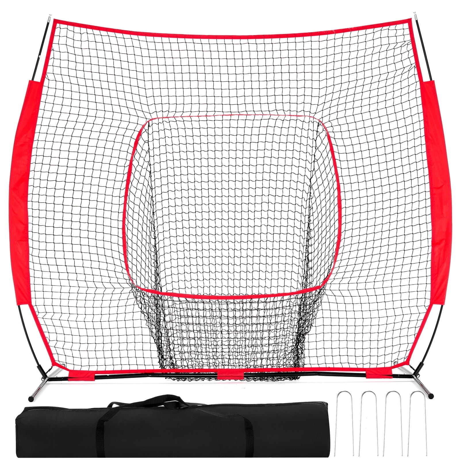 JIOABL 7 ft x 7 ft Baseball Practice Net with Bow Frame, Carry Bag & Strike Zone Target, for Hitting Pitching, Red