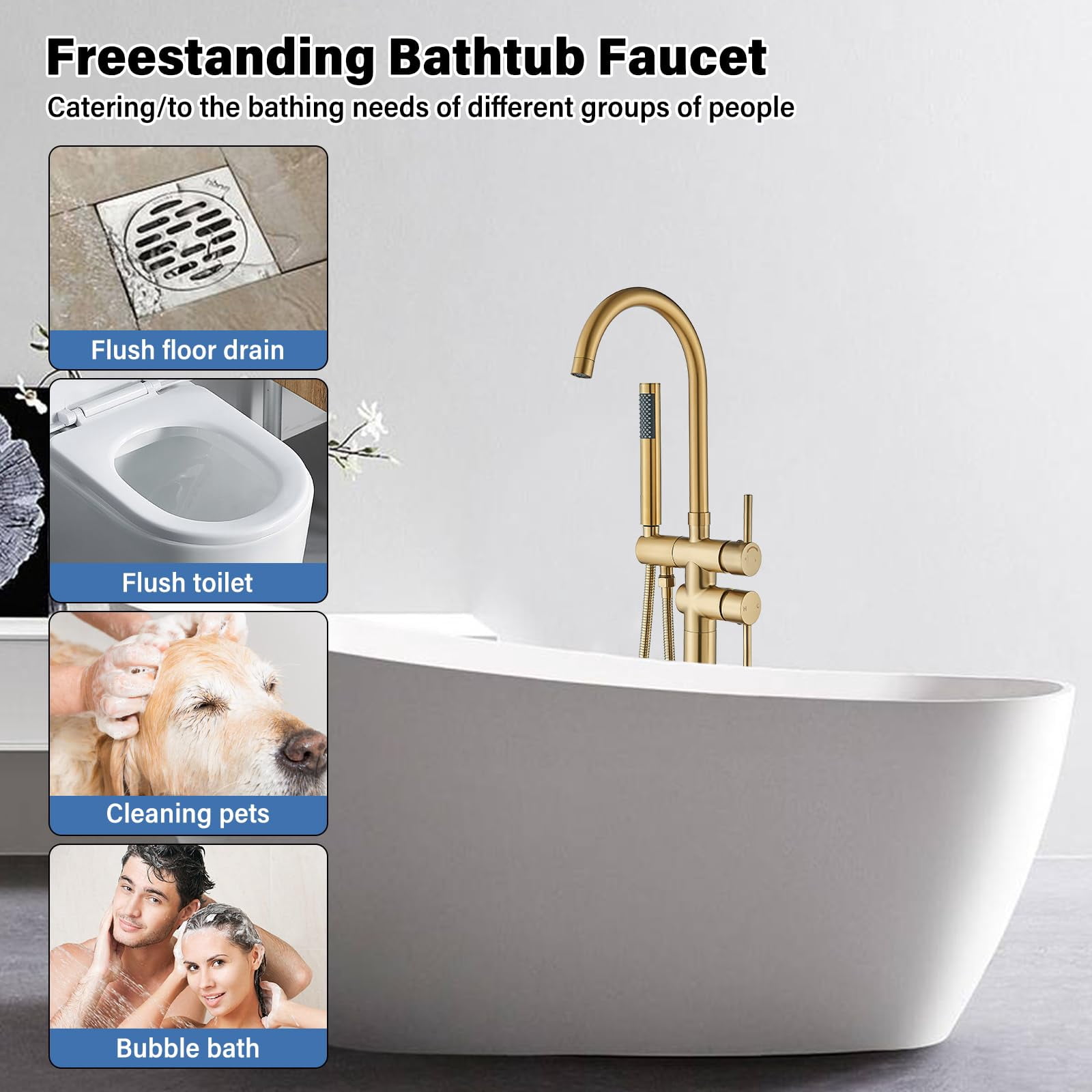 Freestanding Bathtub Faucet Brushed Gold High Arc Floor Mounted Solid Brass