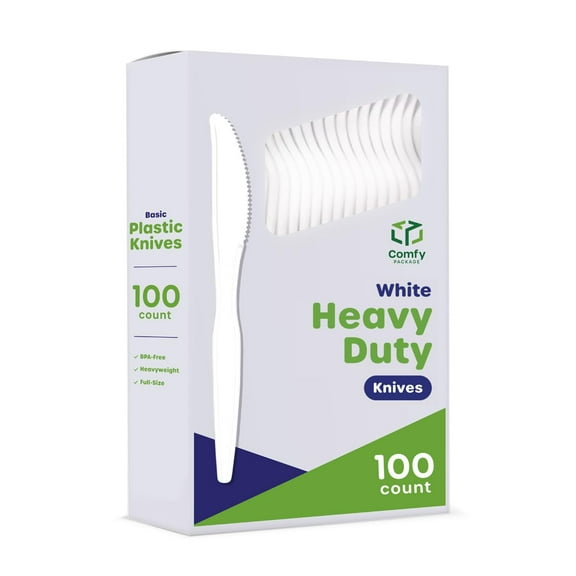 Comfy Package [100 Pack BDF32 Basic Disposable Plastic Knives, White Plastic Knives Heavy Duty - Perfect for Parties, Events, and Dinner