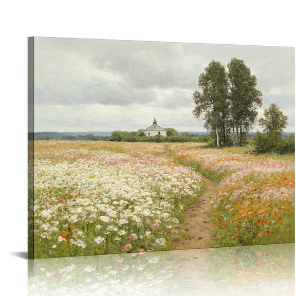 Hidden Frame Canvas Wall Art - Flower Field Path & Church Oil Painting Decor Serene Pastoral-Style Popular Wall Decor for Living Room 16x12in