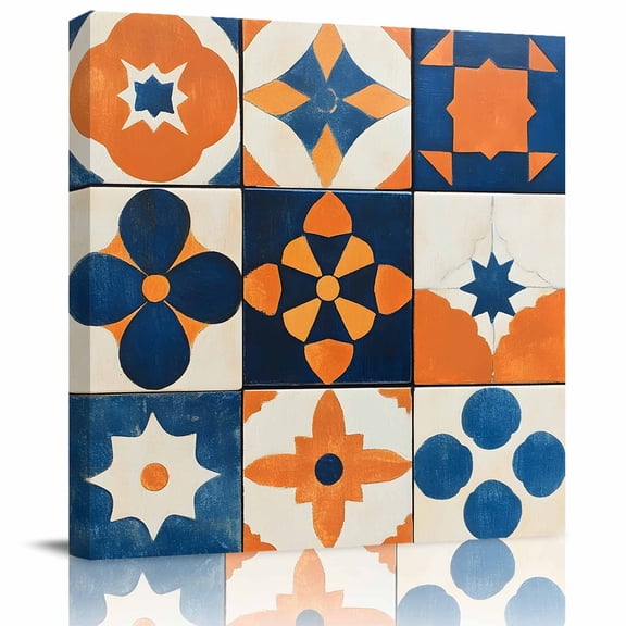 Vintage Orange Blue Geometric Canvas Artwork Painting Art, Abstract Color Block Square Framed Wall Decorations Prints Picture for Bedroom Kitchen Living Room, 8x8 in
