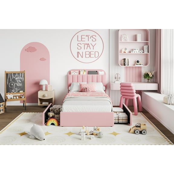 Boucle Twin Bed Frame with Storage Headboard & Bookcase, Pink Upholstered Platform Bed with 2 Drawers for Girls, No Box Spring Needed