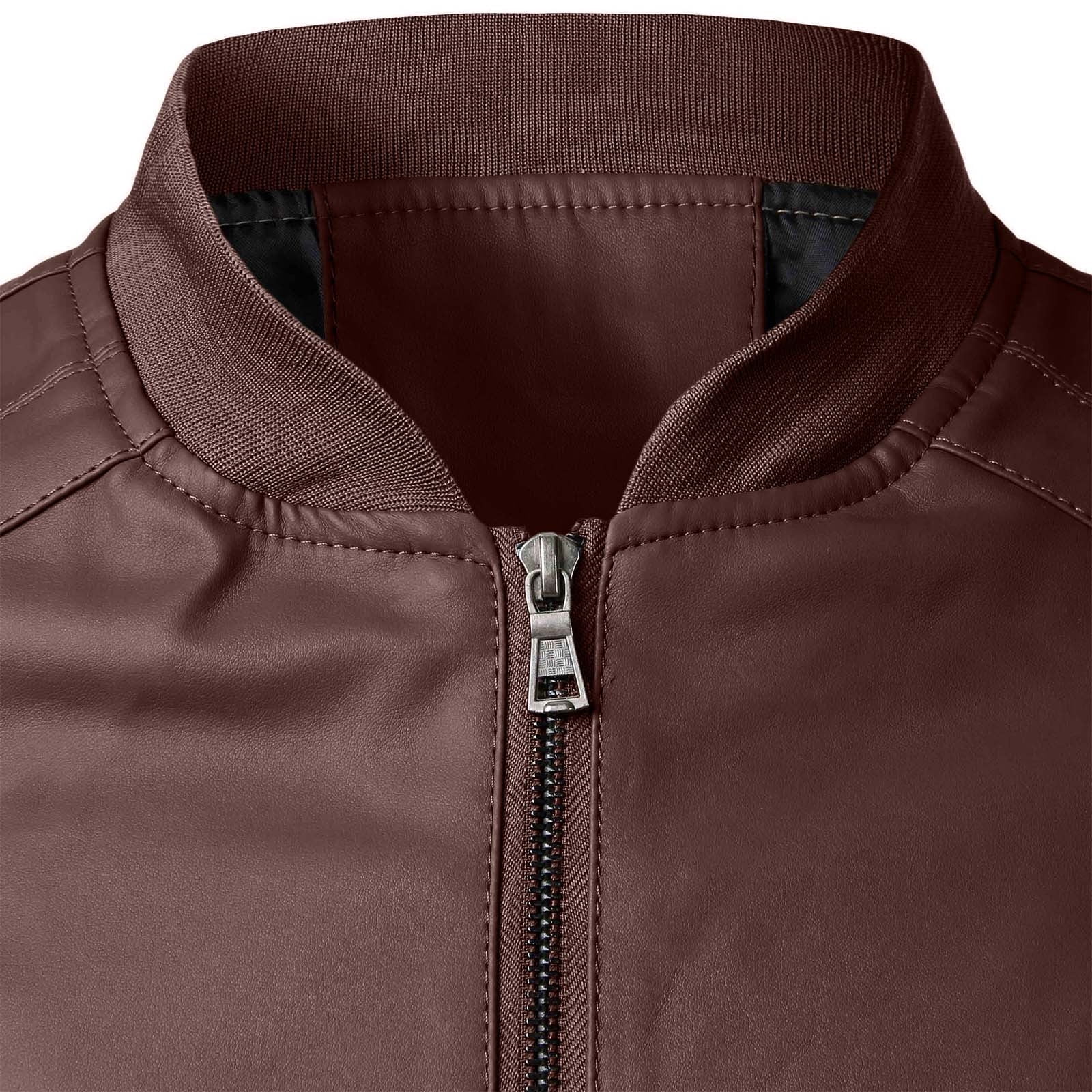RYDCOT Men Solid Color Leather Jacket Outerwear Fashion PU Leather Long Sleeved Stand Collar Coat Brown
