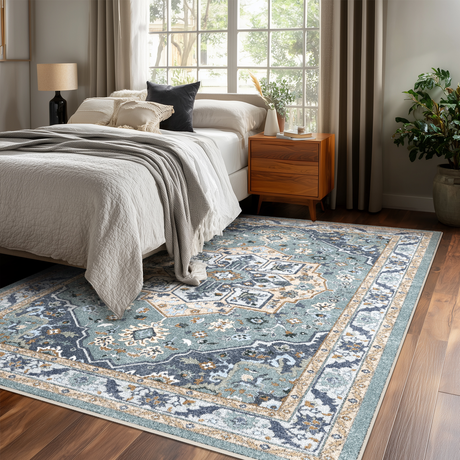 Washable Area Rug for Living Room, NovDeco 4'x6' Non-Slip Vintage Boho Light Blue Indoor Rug, Low Pile Stain Resistant Carpet for Bedroom, Nursery