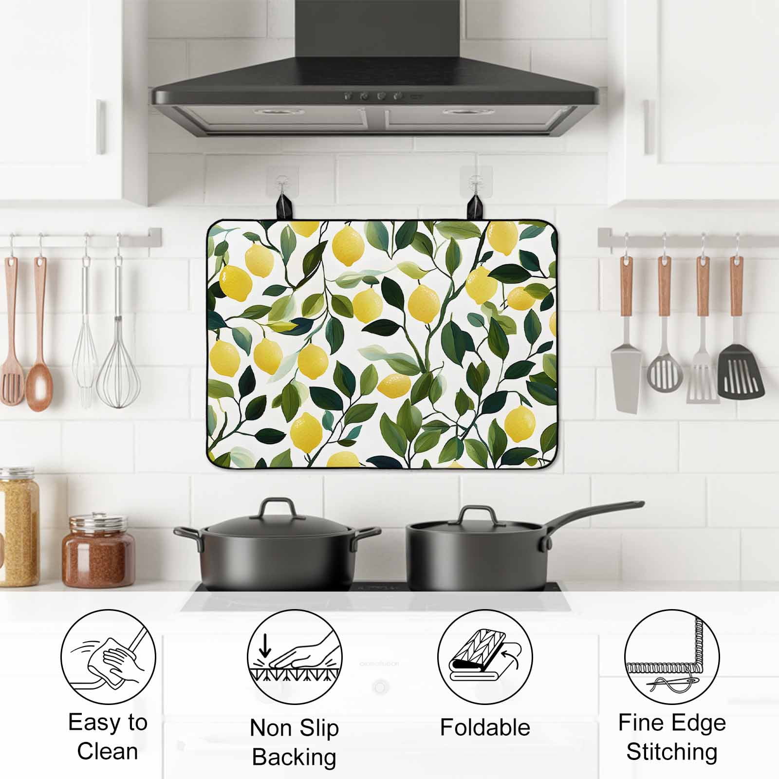 Summer Lemon Stove Top Cover for Electric Stove, Heat-proof & Non Slip Glass Top Stove Cover Protector, Yellow Fruits Pastoral Green Botanical Kitchen Flat Cooktop Rubber Mat 24x21 Inches