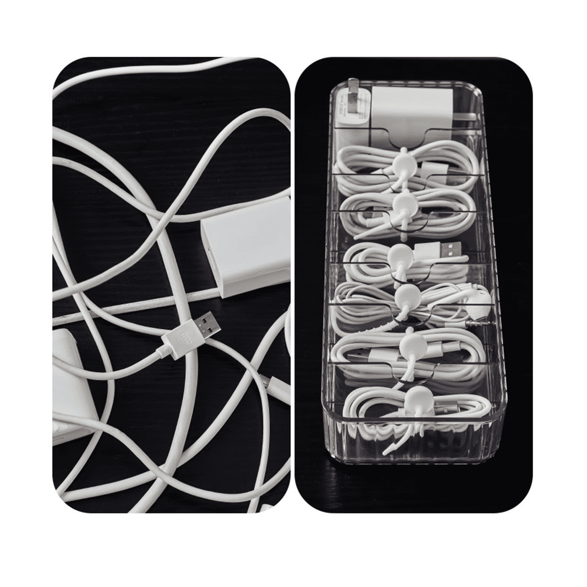 Cable Storage Boxes Organizers 2 Pack,Cord Charger Storage Organizer Box  Case with 20pcs Cable Ties,Stackable,Clear
