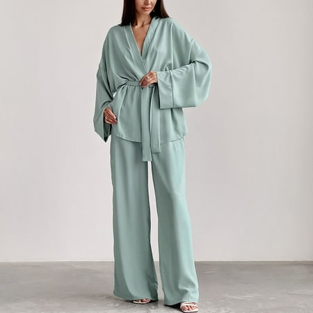 

Rewenti Fashion Chiffon Long Sleeved Pajama Loose Trousers Two-Piece French Solid Color Women s Household Clothes Green 6(M)