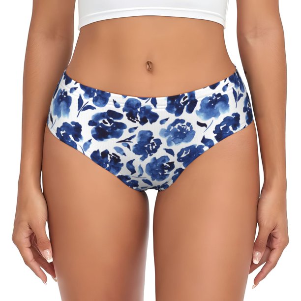 Balery Blue Ink Flowers Ropa Interior de Algodón para Mujer con Dibujo – Braguitas Cómodas y Elásticas, Estilo Clásico-Medium