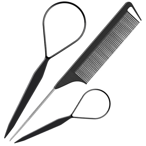 Hair Tail Tools, 3Pack Hair Loop Tool Set with 2Pcs French Braid Tool Loop 1Pcs Rat Tail Comb Metal Pin Tail Braiding Comb for Hair Styling, Black
