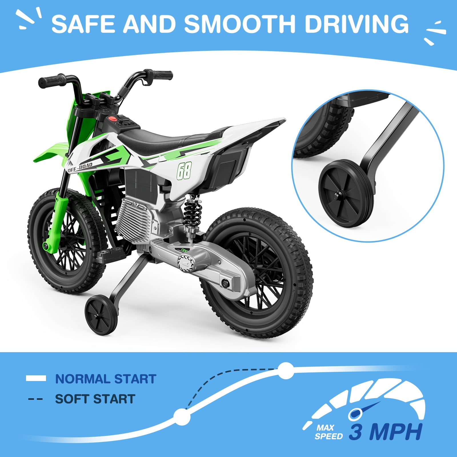 LIGIANT 12V Kids Ride-On Motorcycle, 2×25W Motors, Training Wheels, Throttle Grip, Bluetooth & Music, Spring Suspension