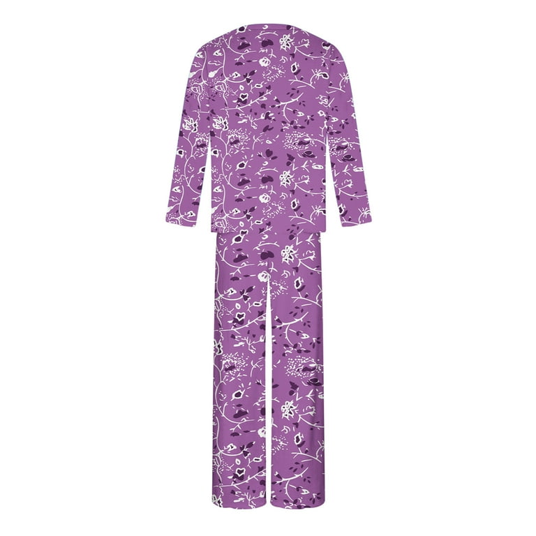 MIVY Pajama Bottoms For Women,Womens Pyjama Sets 2 Piece Creative Purple  Geometry Leaf Print Shirt Lapel Nightwear Autumn Loose Cosy Short Sleeve  Tops And Pants Pjs Set Casual Loungewear Sleepwear,L : 