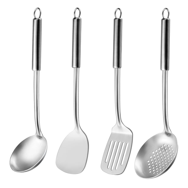 Mirdinner 4 Pcs Cooking Utensils Set, 304 Stainless Steel Kitchen Utensils, Include Wok Ladle, Slotted Spoon, Wok Spatula and Slotted Spatula, Dishwasher Safe