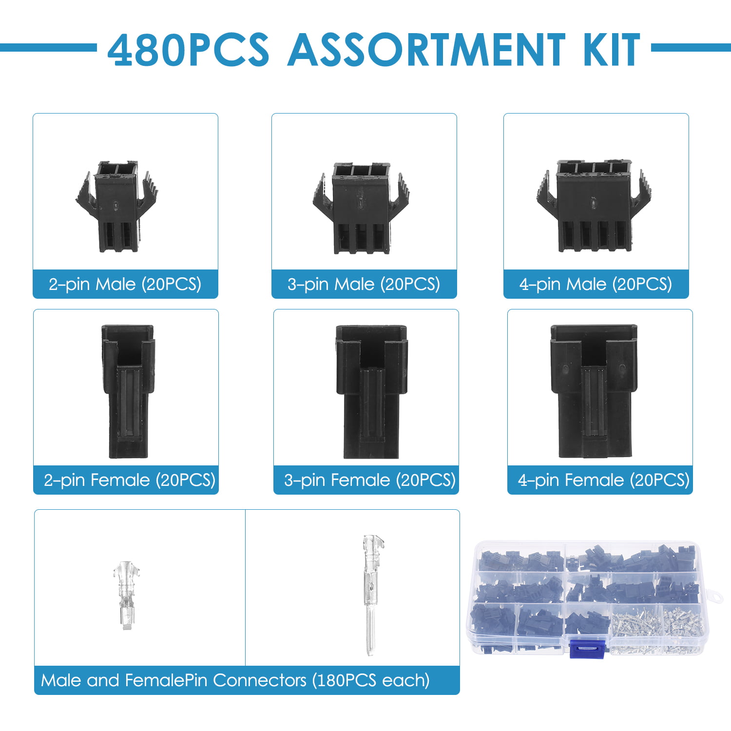 480PCS 2,54 mm Pitch Male & Female Steckergehäuse Stiftleiste Adapter Kit 