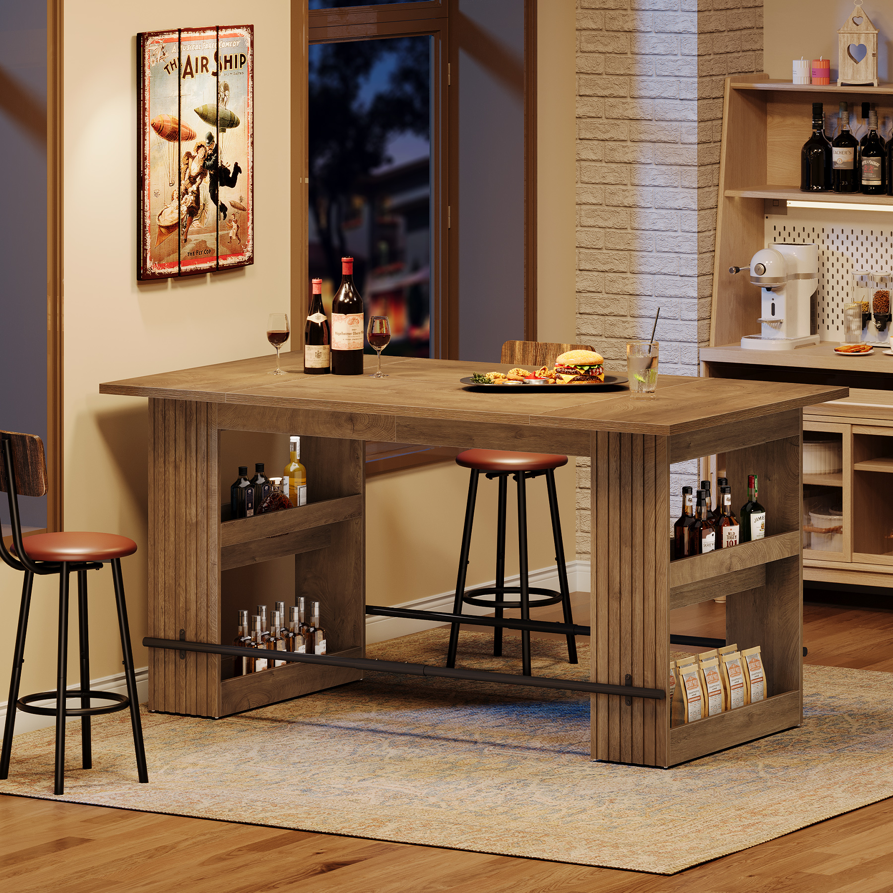 Finmind 63-inch Kitchen Island with Storage Shelves, Industrial Wooden Stationary Island Table, Large Coffee Bar Table with Footrest, Rustic Brown