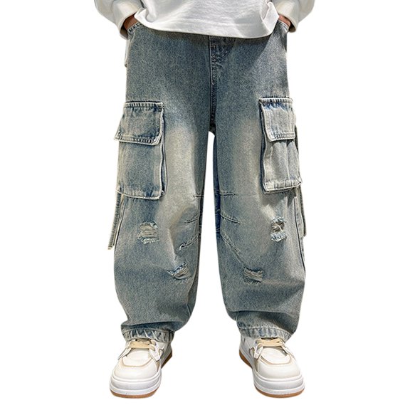 Ruyang Boys Baggy Jeans Cargo Denim Pants Kids Elastic Waist Trousers Flap Pocket Classic Vintage Tracksuit School Clothing