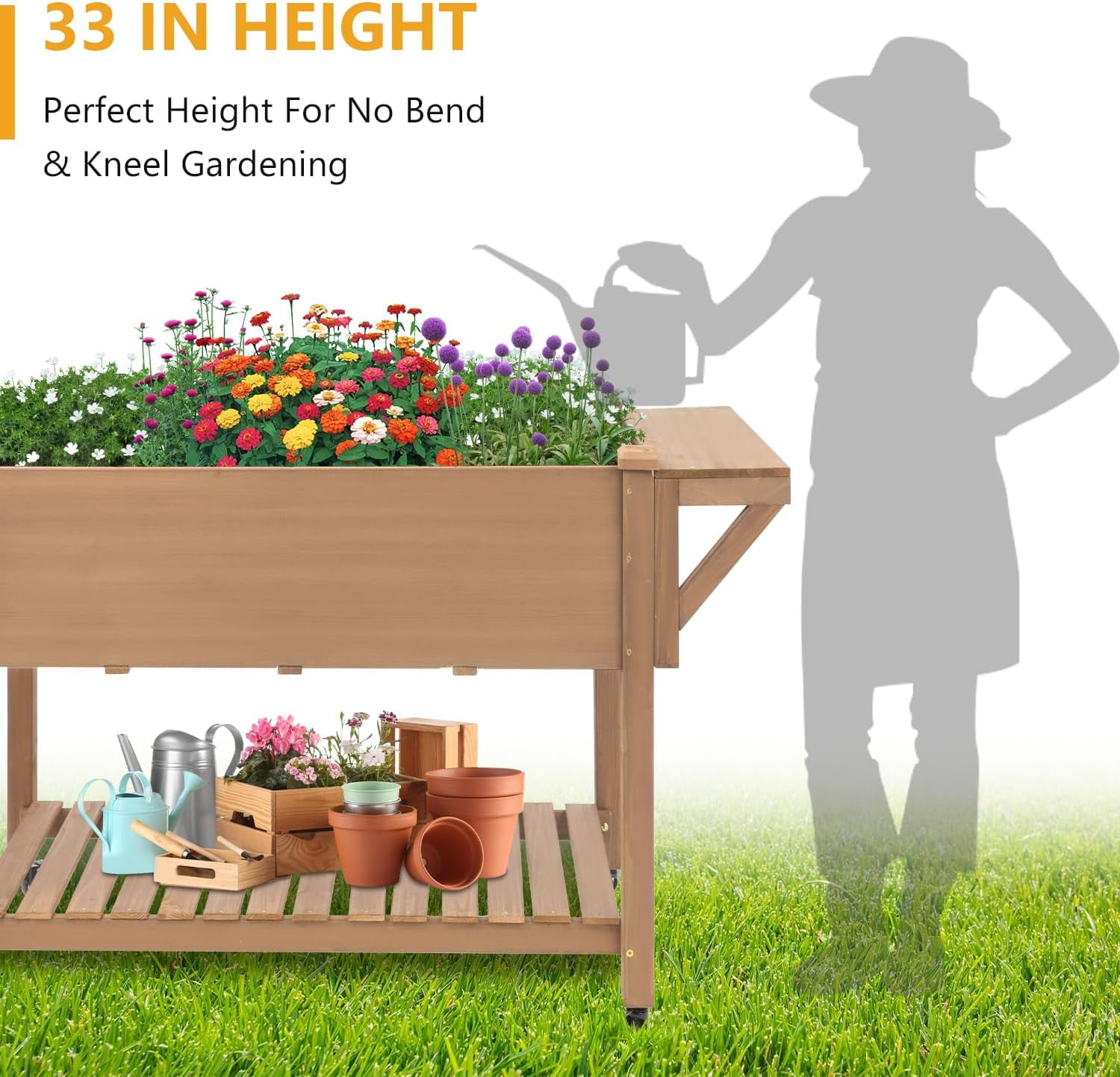 PETSCOSSET Raised Garden Bed with Wheels, Mobile Wood Elevated Planter Box with Storage Shelf, Liner, Easy Assembly, Brown, 55.5x24x32in