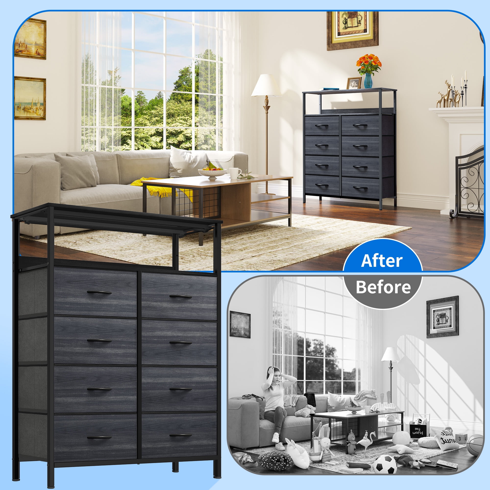 Uforic 8-Drawer Fabric Dresser with Shelves, Steel Frame, for Adults, Black