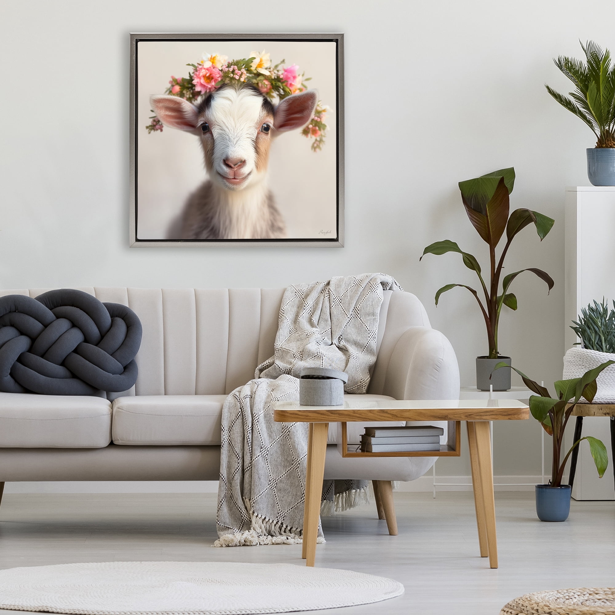 Stupell Industries Flower Crowned Goat Gray Framed Floater Canvas Wall Art, design by Roozbeh
