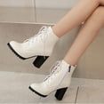 thumbnail image 2 of Womens High Heels Combat Boots 2025 Fashion White Leather Pointed Toe Chunky Block Heeled Mid Calf Short Dress Ankle Booties White Size 10.5, 2 of 8