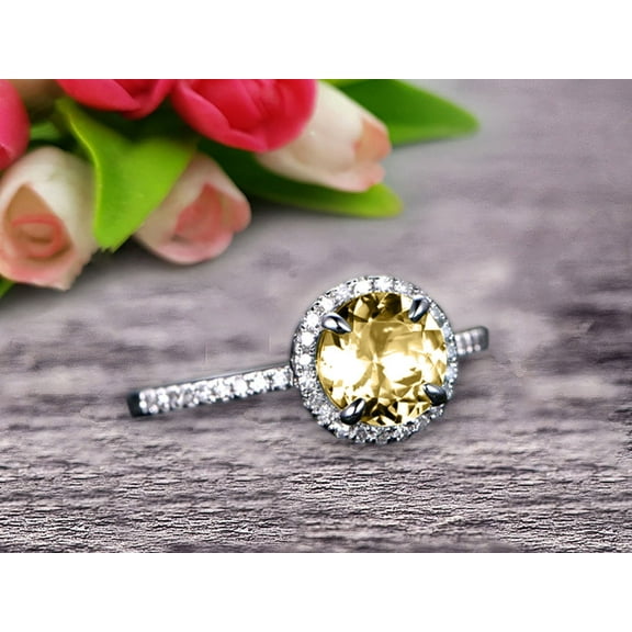 1.75 Carat 6mm Round Cut Champagne Diamond Moissanite Engagement Ring On 10k White Gold Art Deco Halo Designed