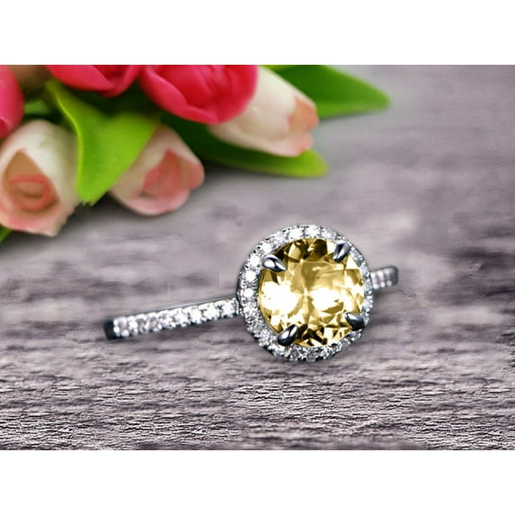 1.75 Carat 6mm Round Cut Champagne Diamond Moissanite Engagement Ring On 10k White Gold Art Deco Halo Designed