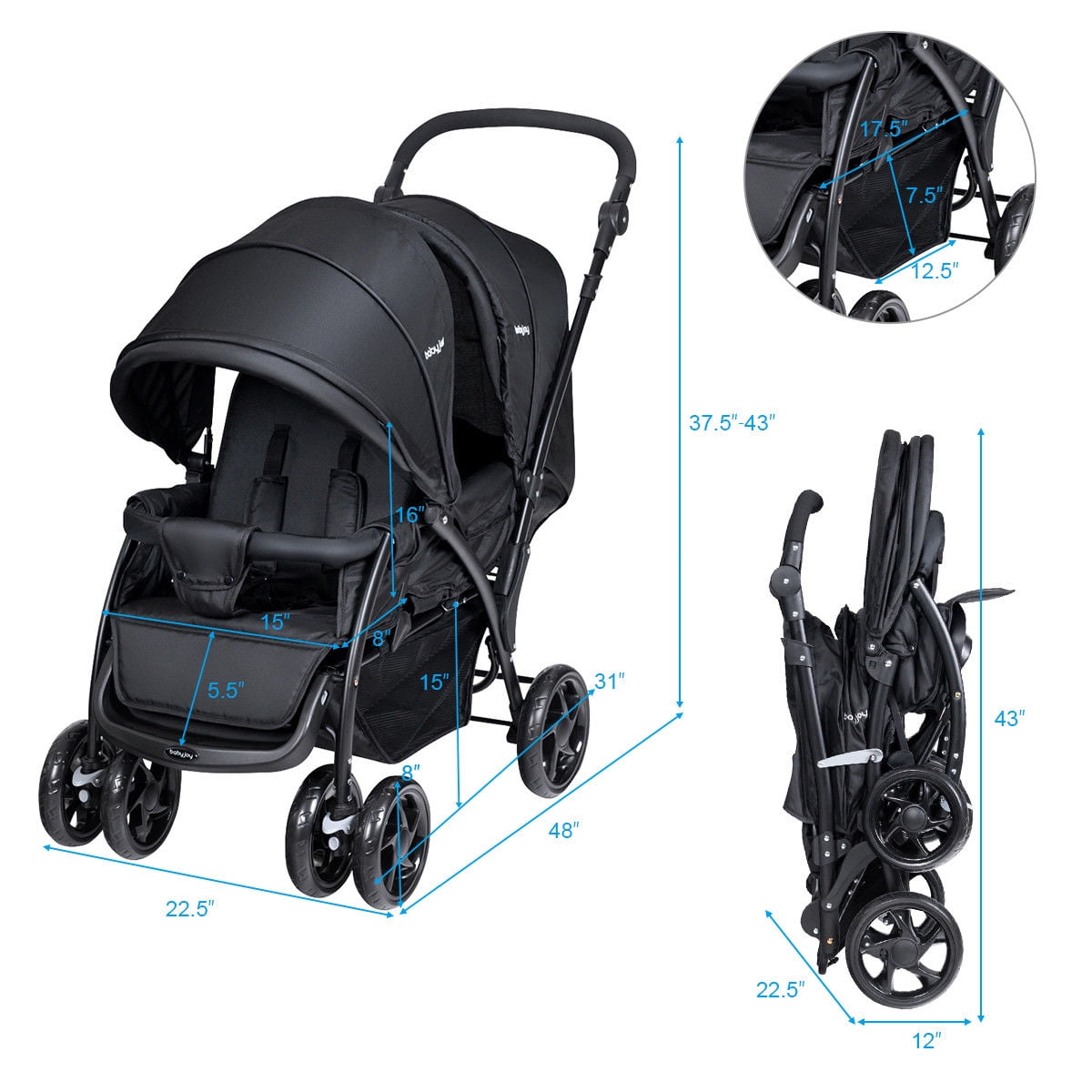 foldable double baby stroller lightweight front & back seats pushchair