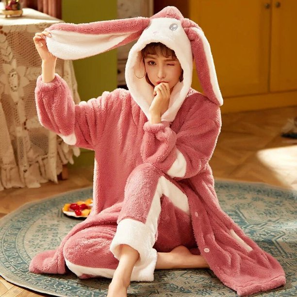 Conjunto de pijama de franela con capucha para mujer, ropa de dormir cómoda, bonita, Kawaii, gruesa, para el hogar, invierno, navidad