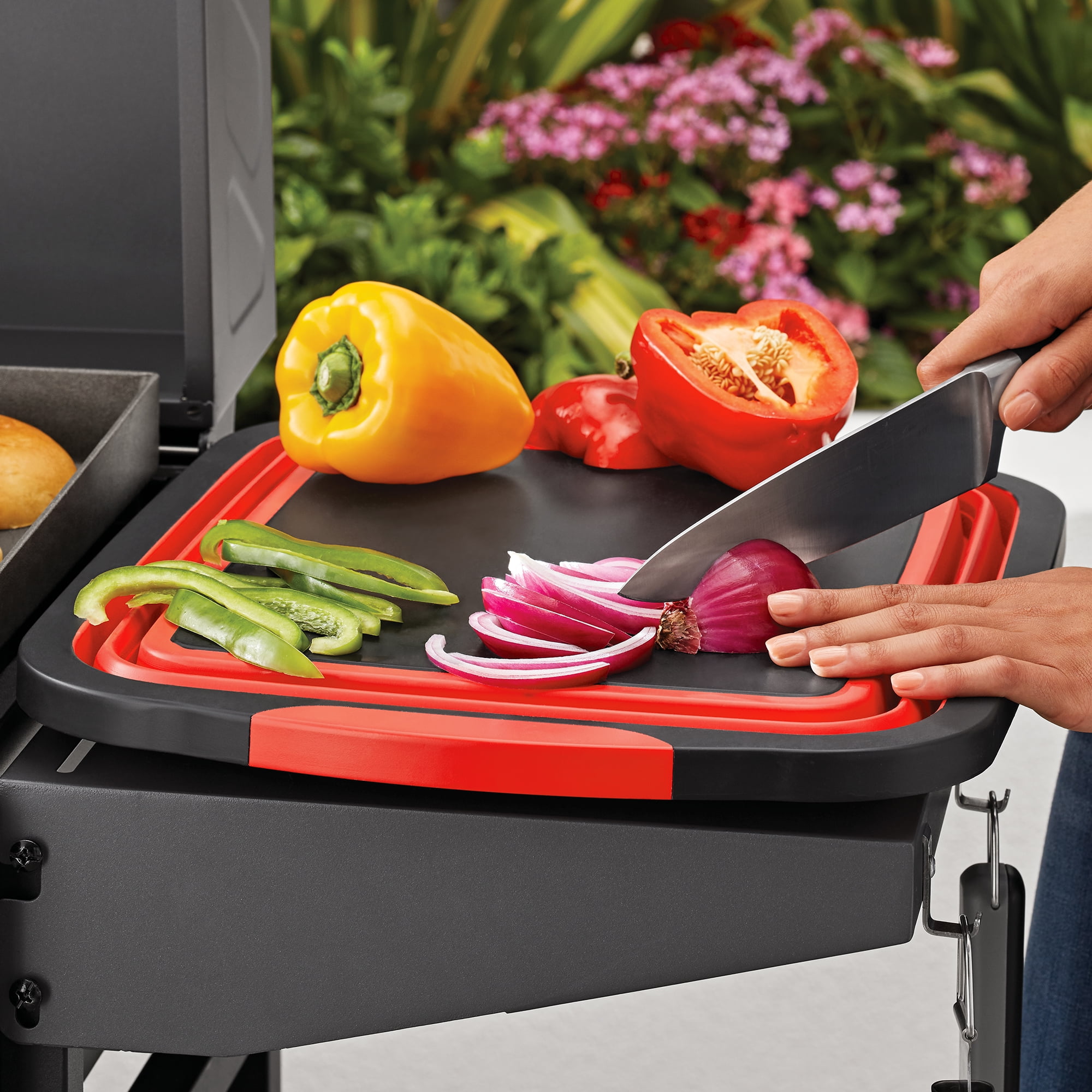 Expert Grill Collapsible Caddy and Cutting Board, Dishwasher Safe Plastic, Black and Red