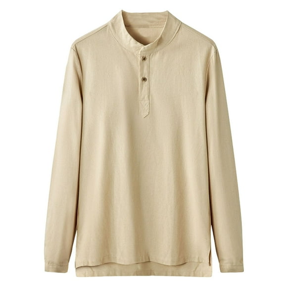 hotojiny Men's Henley Long Sleeve Shirts Casual Big and Tall Cotton Linen T-Shirts Loose Fit High Low Lounge Tee Shirts