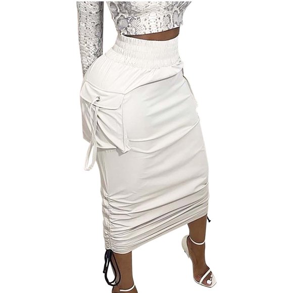 Womens Fringe Skirt Women Summer Solid Skirt Womens Skirts Knee Length High Waist Bohemian Bandage Elastic Waist Skirt Pockets A-Line Skirts