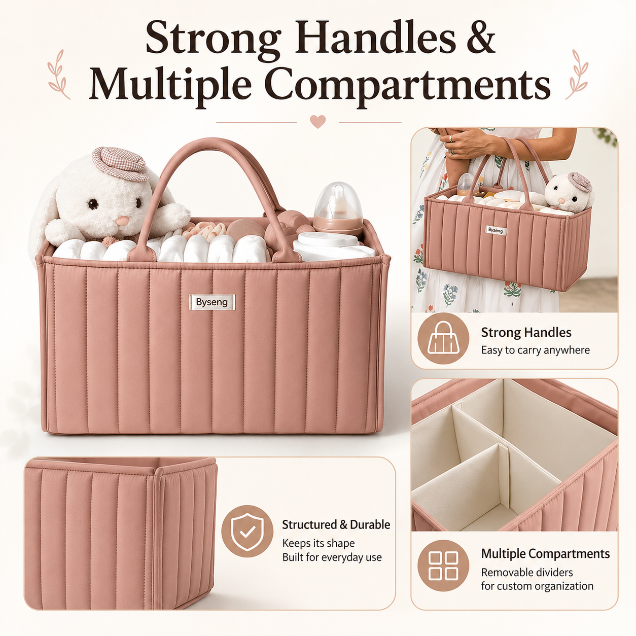Byseng Baby Diaper Caddy Organizer, Pink photo 5