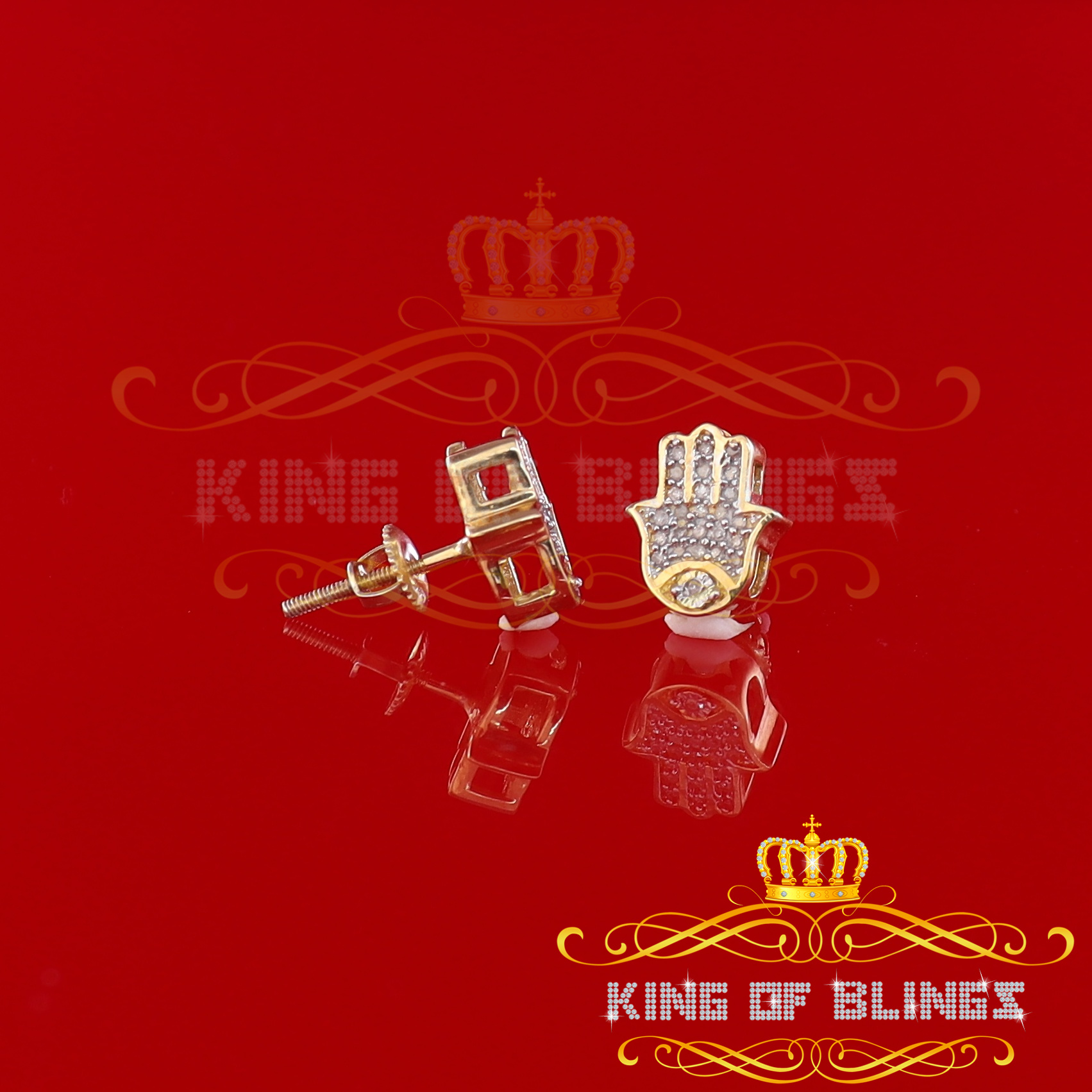 King of Bling's 925 Yellow Sterling Silver 0.15ct Diamond Stud Women's & Men's Hamsha Earrings